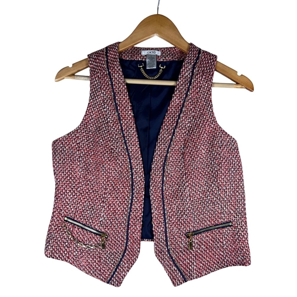 Cache Vest Y2K Tweed‎ Womens Sleeveless Gold Chain 6 Dark Acedemia Preppy